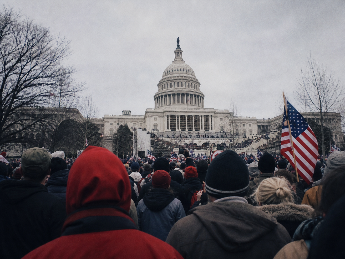 Documentary view of January 6 field reporting at the United States Capitol